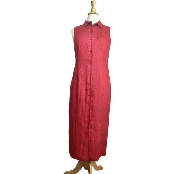 Talbots Irish Linen Maxi Dress 10 P Petites Red Button Front Collar Lined - Picture 2 of 9